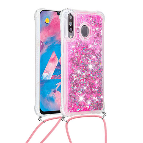 Funda Silicona Carcasa Goma Bling-Bling con Acollador Cordon Lanyard S03 para Samsung Galaxy M30 Rosa Roja