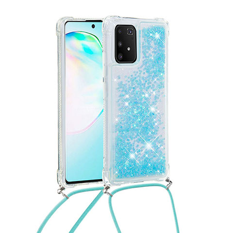 Funda Silicona Carcasa Goma Bling-Bling con Acollador Cordon Lanyard S03 para Samsung Galaxy M80S Azul Cielo