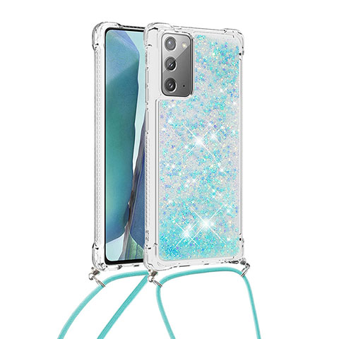 Funda Silicona Carcasa Goma Bling-Bling con Acollador Cordon Lanyard S03 para Samsung Galaxy Note 20 5G Azul Cielo