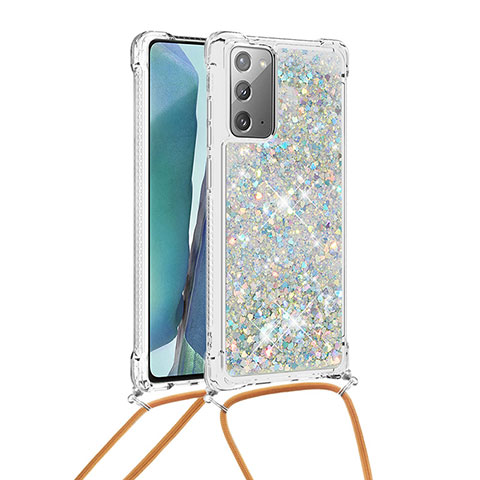 Funda Silicona Carcasa Goma Bling-Bling con Acollador Cordon Lanyard S03 para Samsung Galaxy Note 20 5G Plata