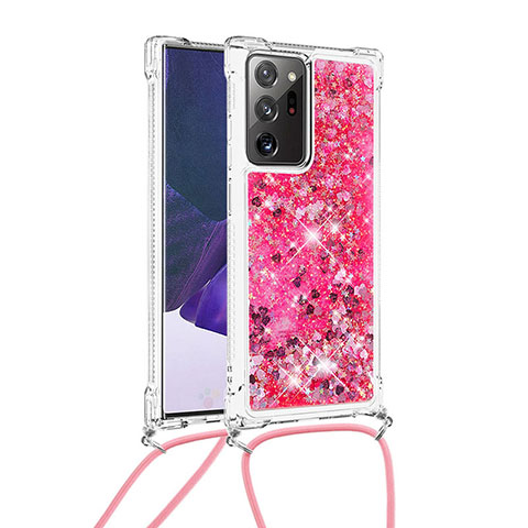 Funda Silicona Carcasa Goma Bling-Bling con Acollador Cordon Lanyard S03 para Samsung Galaxy Note 20 Ultra 5G Rosa Roja
