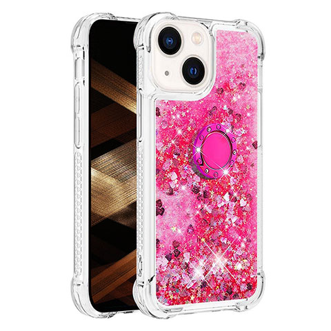 Funda Silicona Carcasa Goma Bling-Bling con Anillo de dedo Soporte S01 para Apple iPhone 14 Plus Rosa Roja