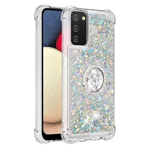 Funda Silicona Carcasa Goma Bling-Bling con Anillo de dedo Soporte S01 para Samsung Galaxy A02s Plata