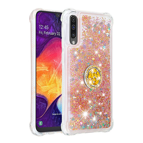 Funda Silicona Carcasa Goma Bling-Bling con Anillo de dedo Soporte S01 para Samsung Galaxy A50 Oro