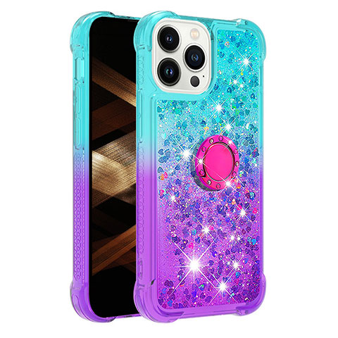 Funda Silicona Carcasa Goma Bling-Bling con Anillo de dedo Soporte S02 para Apple iPhone 13 Pro Azul Cielo