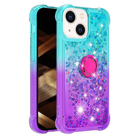 Funda Silicona Carcasa Goma Bling-Bling con Anillo de dedo Soporte S02 para Apple iPhone 14 Azul Cielo