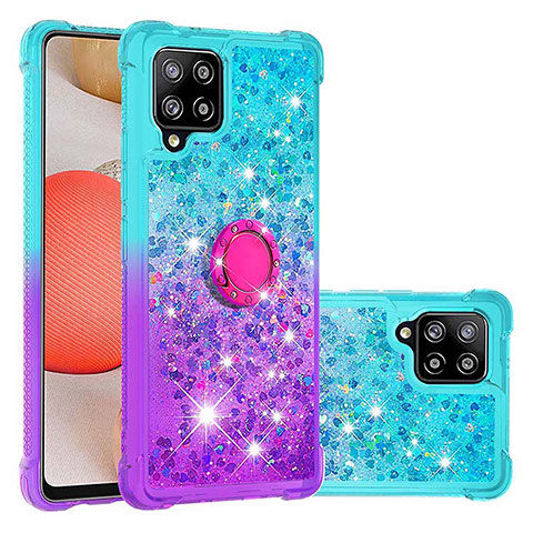 Funda Silicona Carcasa Goma Bling-Bling con Anillo de dedo Soporte S02 para Samsung Galaxy A42 5G Azul Cielo