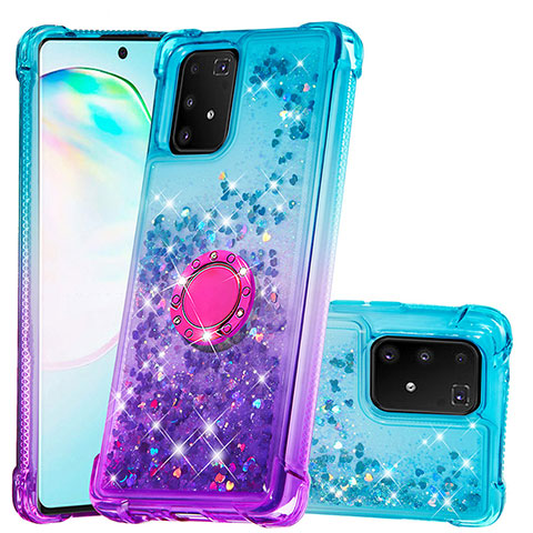 Funda Silicona Carcasa Goma Bling-Bling con Anillo de dedo Soporte S02 para Samsung Galaxy A91 Azul Cielo