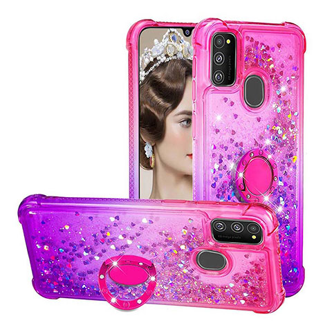 Funda Silicona Carcasa Goma Bling-Bling con Anillo de dedo Soporte S02 para Samsung Galaxy M30s Rosa Roja