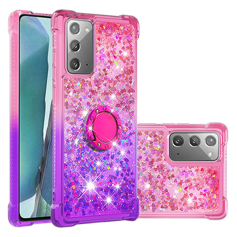 Funda Silicona Carcasa Goma Bling-Bling con Anillo de dedo Soporte S02 para Samsung Galaxy Note 20 5G Rosa Roja