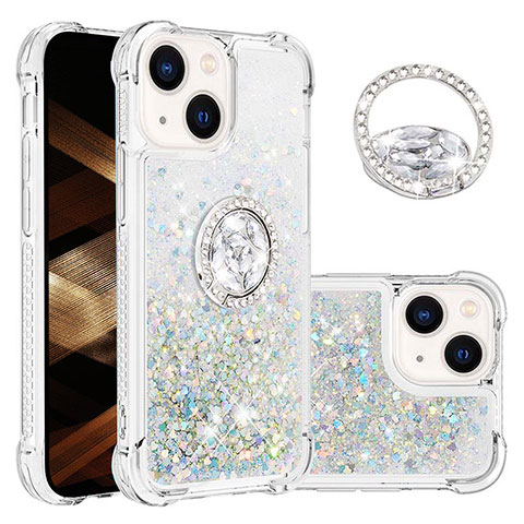 Funda Silicona Carcasa Goma Bling-Bling con Anillo de dedo Soporte S03 para Apple iPhone 13 Azul Claro