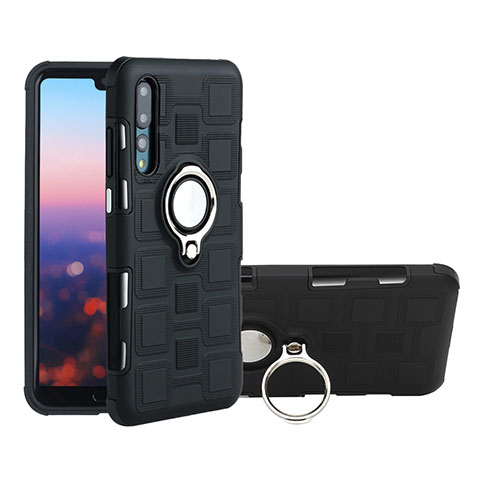 Funda Silicona Carcasa Ultrafina Goma con Magnetico Anillo de dedo Soporte A01 para Huawei P20 Pro Negro