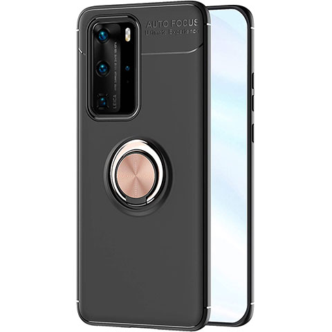 Funda Silicona Carcasa Ultrafina Goma con Magnetico Anillo de dedo Soporte A01 para Huawei P40 Pro Oro y Negro