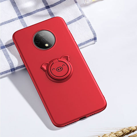 Funda Silicona Carcasa Ultrafina Goma con Magnetico Anillo de dedo Soporte A01 para OnePlus 7T Rojo