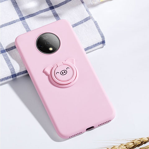 Funda Silicona Carcasa Ultrafina Goma con Magnetico Anillo de dedo Soporte A01 para OnePlus 7T Rosa