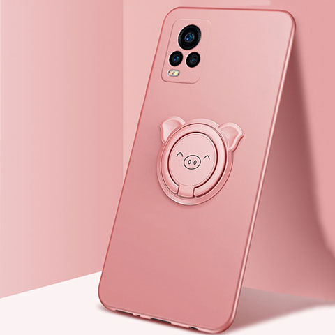 Funda Silicona Carcasa Ultrafina Goma con Magnetico Anillo de dedo Soporte A01 para Vivo V20 Pro 5G Oro Rosa