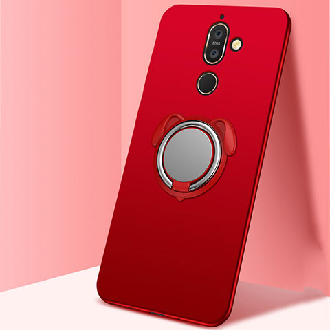 Funda Silicona Carcasa Ultrafina Goma con Magnetico Anillo de dedo Soporte A02 para Nokia 7 Plus Rojo