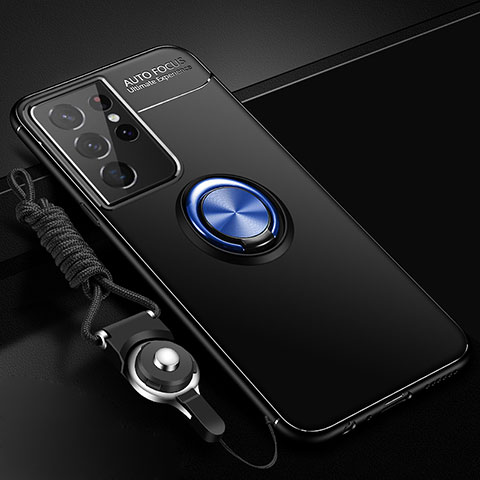 Funda Silicona Carcasa Ultrafina Goma con Magnetico Anillo de dedo Soporte A02 para Samsung Galaxy S22 Ultra 5G Azul y Negro