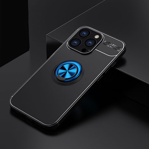 Funda Silicona Carcasa Ultrafina Goma con Magnetico Anillo de dedo Soporte A05 para Apple iPhone 13 Pro Azul y Negro