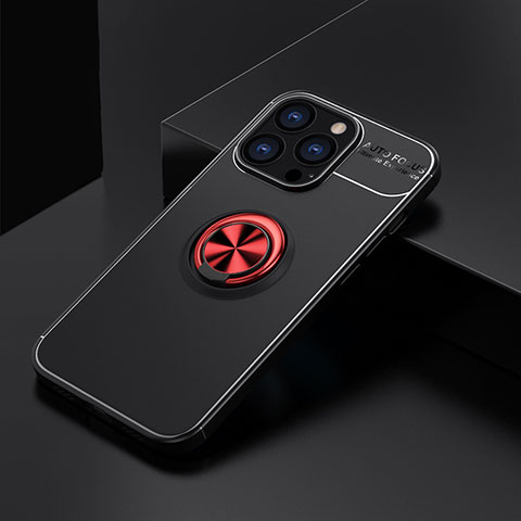 Funda Silicona Carcasa Ultrafina Goma con Magnetico Anillo de dedo Soporte A05 para Apple iPhone 14 Pro Max Rojo y Negro