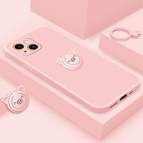 Funda Silicona Carcasa Ultrafina Goma con Magnetico Anillo de dedo Soporte A07 para Apple iPhone 14 Oro Rosa