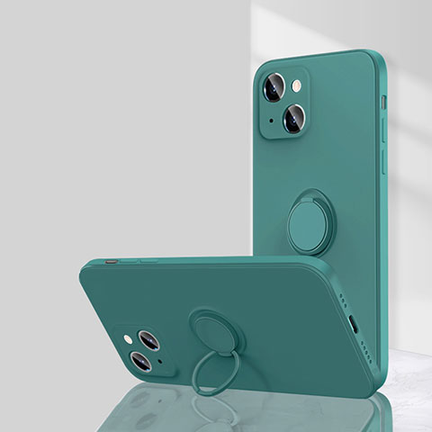 Funda Silicona Carcasa Ultrafina Goma con Magnetico Anillo de dedo Soporte G01 para Apple iPhone 13 Verde
