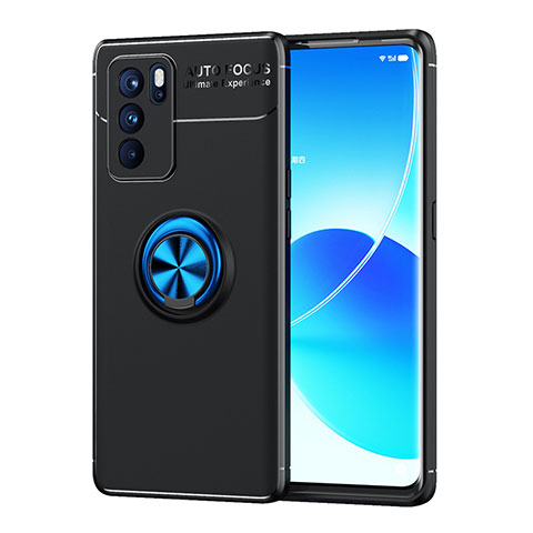 Funda Silicona Carcasa Ultrafina Goma con Magnetico Anillo de dedo Soporte JM1 para Oppo Reno6 Pro 5G India Azul y Negro