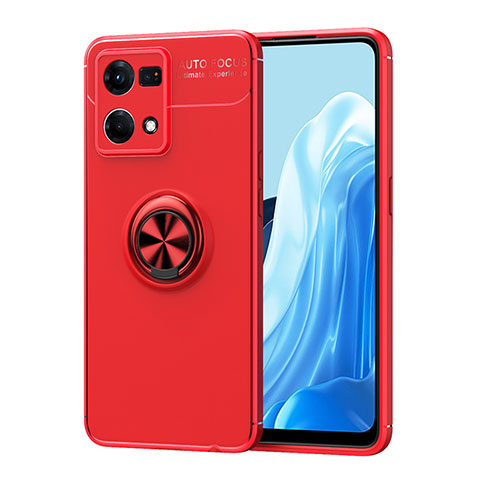 Funda Silicona Carcasa Ultrafina Goma con Magnetico Anillo de dedo Soporte JM1 para Oppo Reno7 4G Rojo