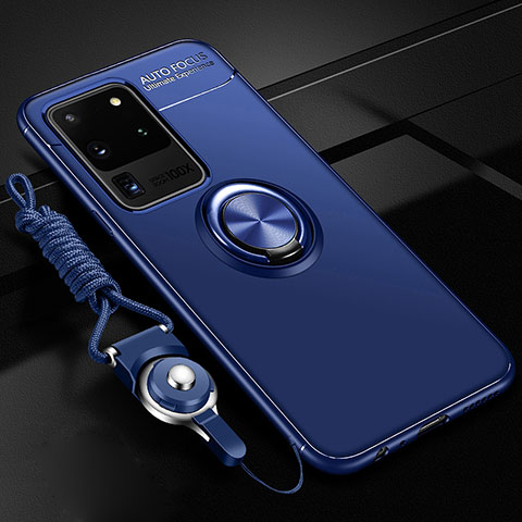 Funda Silicona Carcasa Ultrafina Goma con Magnetico Anillo de dedo Soporte JM3 para Samsung Galaxy S20 Ultra 5G Azul