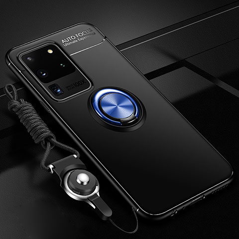 Funda Silicona Carcasa Ultrafina Goma con Magnetico Anillo de dedo Soporte JM3 para Samsung Galaxy S20 Ultra Azul y Negro