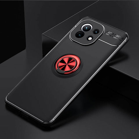 Funda Silicona Carcasa Ultrafina Goma con Magnetico Anillo de dedo Soporte K01 para Xiaomi Mi 11 5G Rojo y Negro