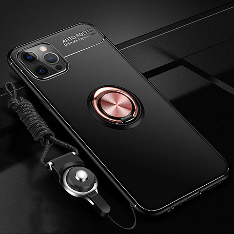 Funda Silicona Carcasa Ultrafina Goma con Magnetico Anillo de dedo Soporte N03 para Apple iPhone 12 Pro Max Oro y Negro