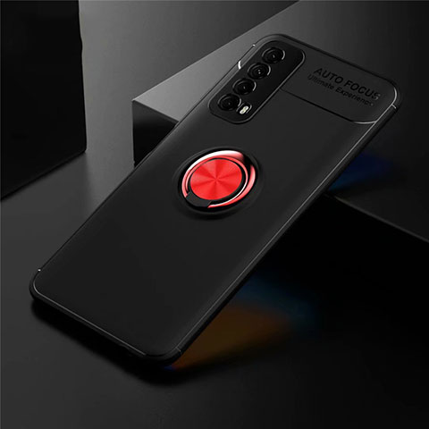 Funda Silicona Carcasa Ultrafina Goma con Magnetico Anillo de dedo Soporte para Huawei Y7a Rojo y Negro