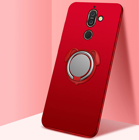 Funda Silicona Carcasa Ultrafina Goma con Magnetico Anillo de dedo Soporte para Nokia 7 Plus Rojo