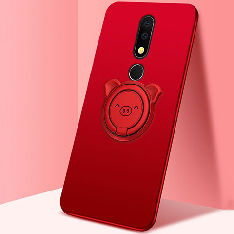 Funda Silicona Carcasa Ultrafina Goma con Magnetico Anillo de dedo Soporte para Nokia X5 Rojo