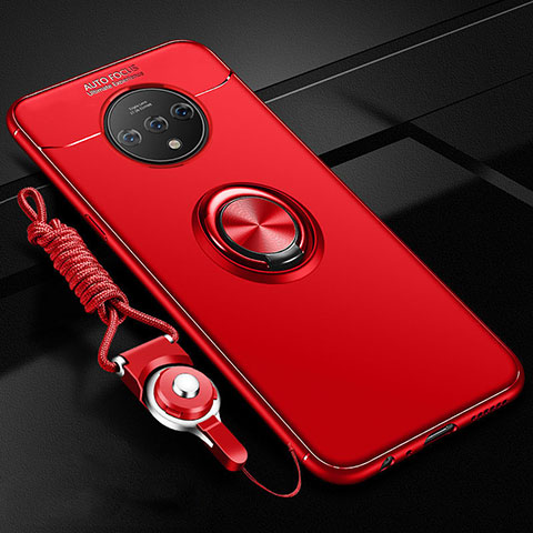 Funda Silicona Carcasa Ultrafina Goma con Magnetico Anillo de dedo Soporte para OnePlus 7T Rojo