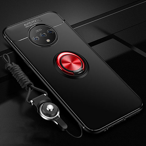 Funda Silicona Carcasa Ultrafina Goma con Magnetico Anillo de dedo Soporte para OnePlus 7T Rojo y Negro