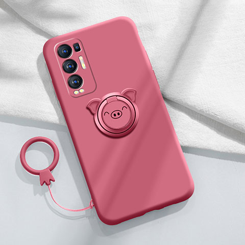 Funda Silicona Carcasa Ultrafina Goma con Magnetico Anillo de dedo Soporte para Oppo Reno5 Pro+ Plus 5G Rojo Rosa