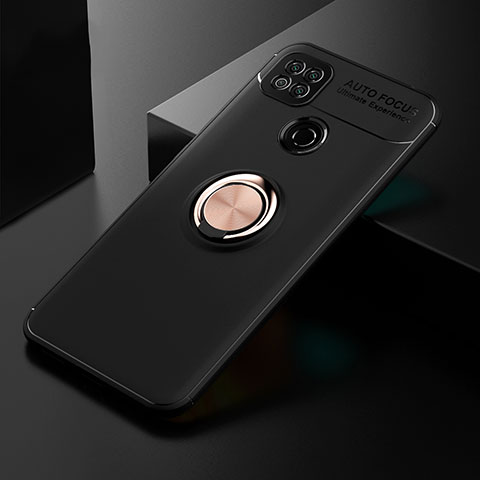 Funda Silicona Carcasa Ultrafina Goma con Magnetico Anillo de dedo Soporte para Xiaomi Redmi 9C NFC Oro y Negro