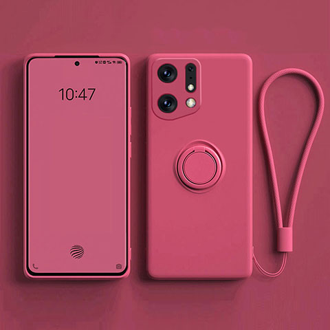 Funda Silicona Carcasa Ultrafina Goma con Magnetico Anillo de dedo Soporte S01 para Oppo Find X5 5G Rosa Roja