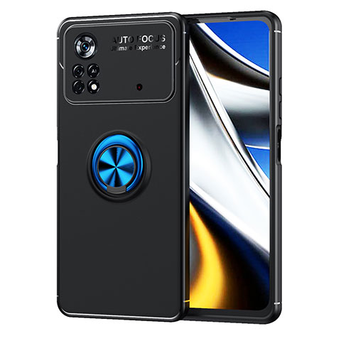 Funda Silicona Carcasa Ultrafina Goma con Magnetico Anillo de dedo Soporte SD1 para Xiaomi Poco X4 Pro 5G Azul y Negro