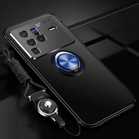 Funda Silicona Carcasa Ultrafina Goma con Magnetico Anillo de dedo Soporte SD3 para Vivo X80 Pro 5G Azul y Negro