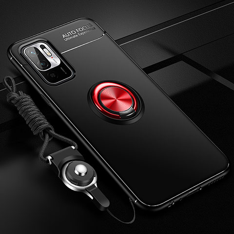 Funda Silicona Carcasa Ultrafina Goma con Magnetico Anillo de dedo Soporte SD3 para Xiaomi Redmi Note 10T 5G Rojo y Negro