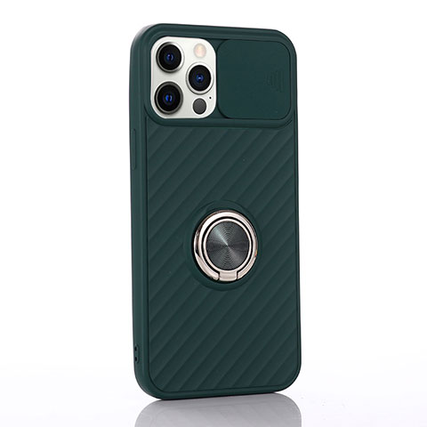 Funda Silicona Carcasa Ultrafina Goma con Magnetico Anillo de dedo Soporte T01 para Apple iPhone 12 Pro Verde Noche