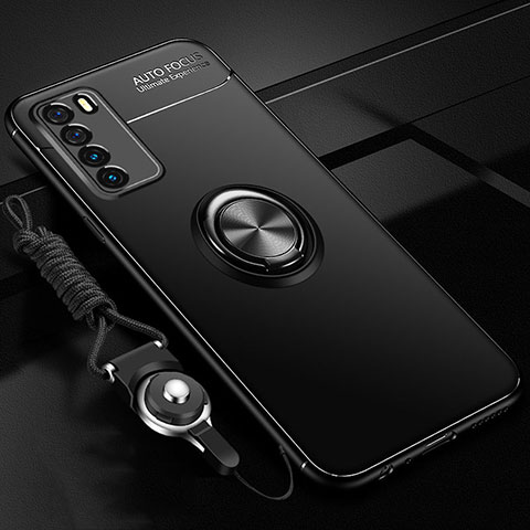 Funda Silicona Carcasa Ultrafina Goma con Magnetico Anillo de dedo Soporte T01 para Huawei Honor Play4 5G Negro