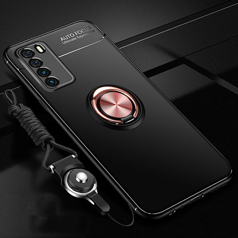Funda Silicona Carcasa Ultrafina Goma con Magnetico Anillo de dedo Soporte T01 para Huawei Honor Play4 5G Oro y Negro