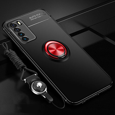 Funda Silicona Carcasa Ultrafina Goma con Magnetico Anillo de dedo Soporte T01 para Huawei Honor Play4 5G Rojo y Negro