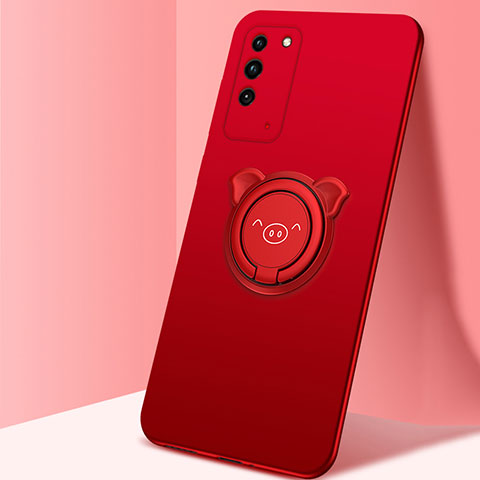 Funda Silicona Carcasa Ultrafina Goma con Magnetico Anillo de dedo Soporte T01 para Huawei Honor X10 5G Rojo