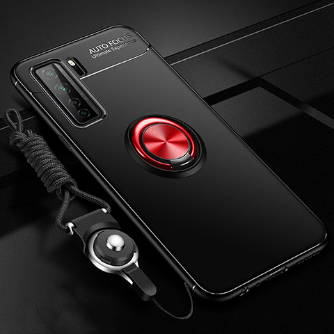 Funda Silicona Carcasa Ultrafina Goma con Magnetico Anillo de dedo Soporte T01 para Huawei Nova 7 SE 5G Rojo y Negro
