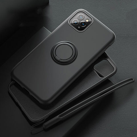 Funda Silicona Carcasa Ultrafina Goma con Magnetico Anillo de dedo Soporte T02 para Apple iPhone 11 Pro Negro